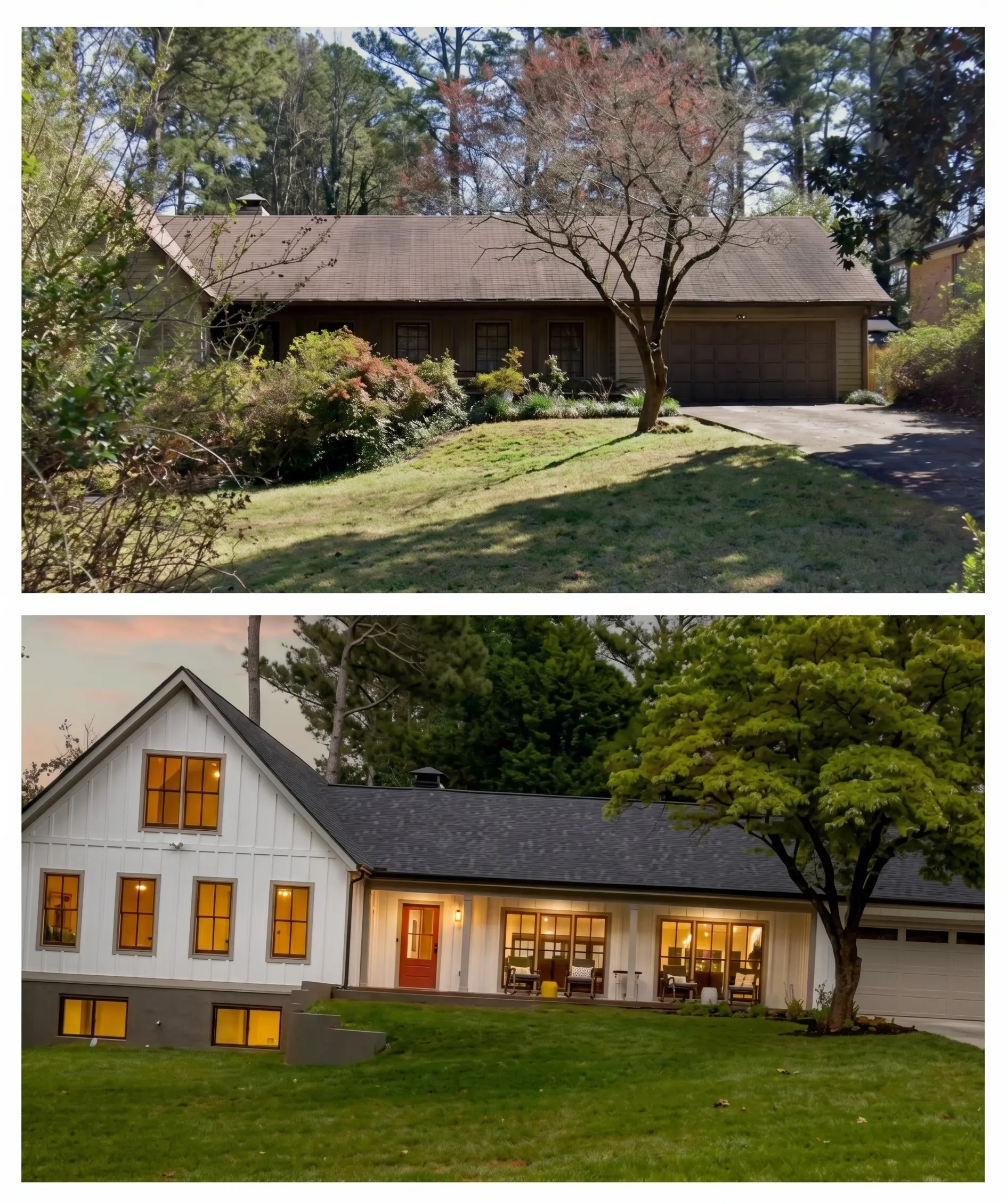 Exterior remodel featuring fresh siding, roofing, and gutters